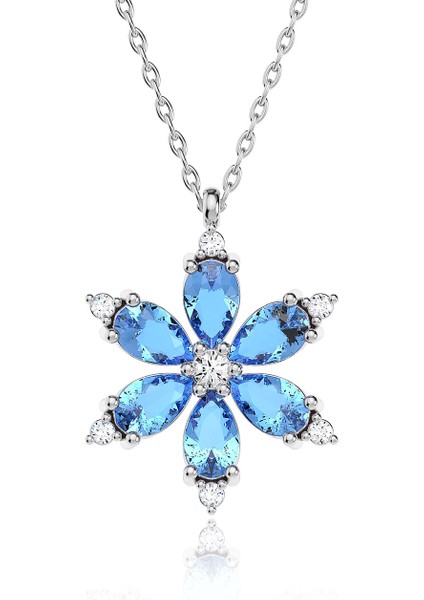 Aqua Taşlı Lotus Çiçeği Beyaz Gümüş Kolye