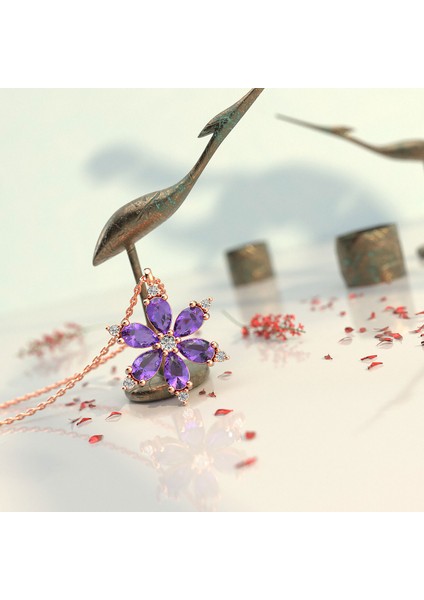 Ametist Taşlı Lotus Çiçeği Rose Gümüş Kolye