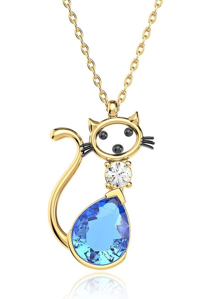 Aqua Damla Taşlı Kedi Altın Kaplama Gümüş Kolye