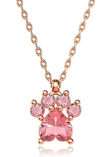 Pembe Taşlı Kedi Patisi Rose Gümüş Kolye