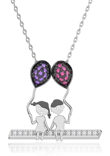 Balon Tutan Sevgililer Beyaz Gümüş Kolye