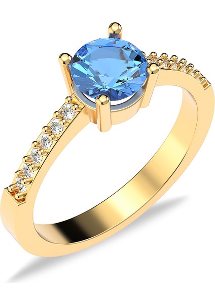 Yuvarlak Aqua Taşlı Altın Kaplama Gümüş Yüzük