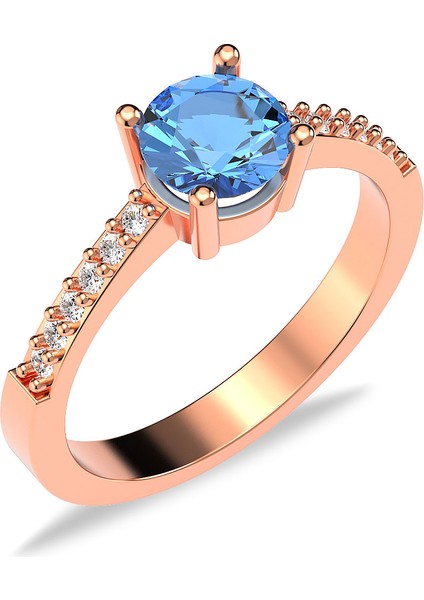 Yuvarlak Aqua Taşlı Rose Gümüş Yüzük