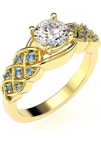 Aqua Örgü Pırlanta Montür Altın Kaplama Gümüş Yüzük