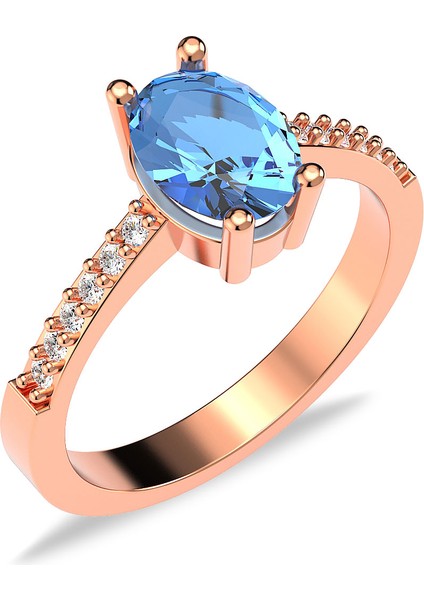 Oval Aqua Taşlı Rose Gümüş Yüzük