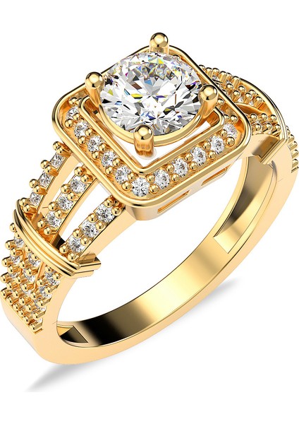 Üç Kollu Kare Çerçeve Tektaş Altın Kaplama Gümüş Yüzük