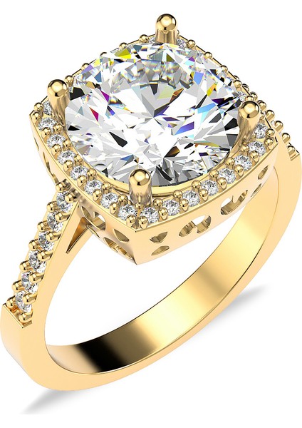 3.5 Karat Kare Çerçeve Tektaş Altın Kaplama Gümüş Yüzük