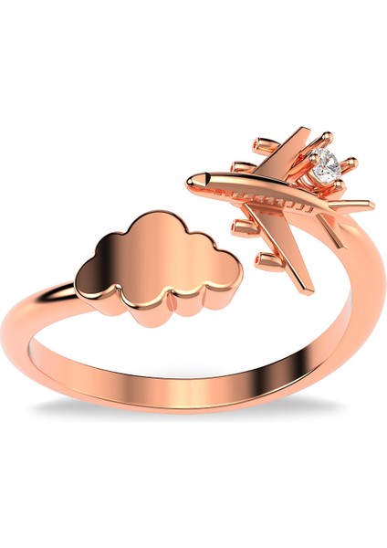 Tek Taşlı Uçak Rose Gümüş Yüzük