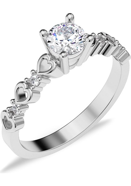 Kalpli Tek Taş Pırlanta Montür Beyaz Gümüş Yüzük