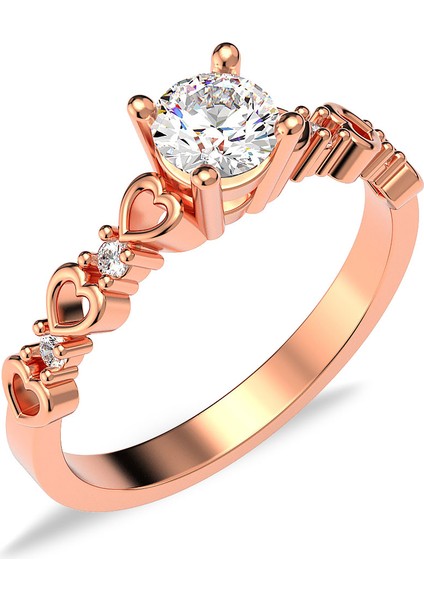 Kalpli Tek Taş Pırlanta Montür Rose Gümüş Yüzük