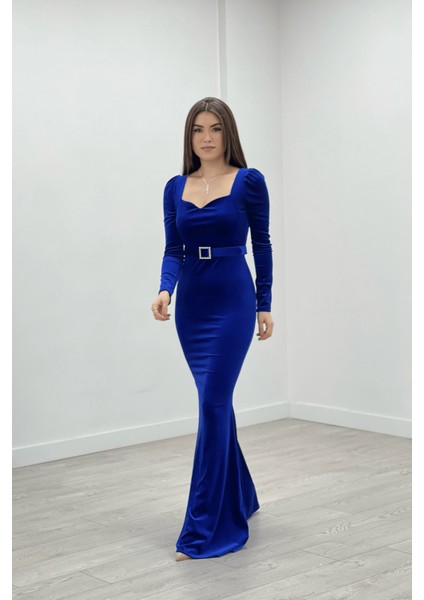 Kadife Kumaş Kalp Yaka Balık Elbise - Saks Mavi