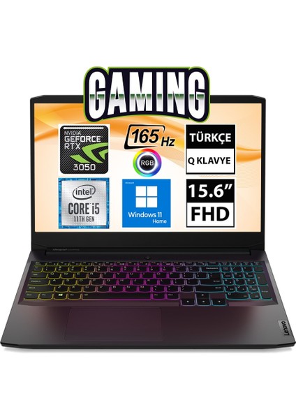Ideapad Gaming 3 82K101ELTX02 İntel Core i5-11320H 8GB 1TB+512SSD RTX3050 15.6" Fullhd Windows 11 Home Taşınabilir Bilgisayar