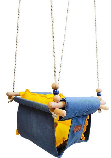 Ahşap Salıncak Bebek ve Çocuk Salıncağı Hamak Beşik Gri Sarı Model