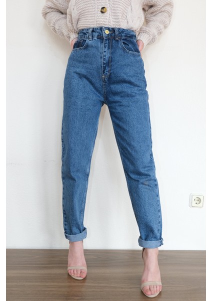 Kadın Mavi Yüksek Bel Mom Jean