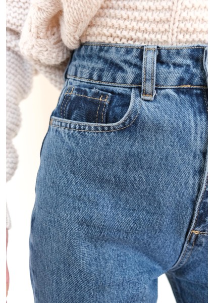 Kadın Mavi Yüksek Bel Mom Jean fırsatları