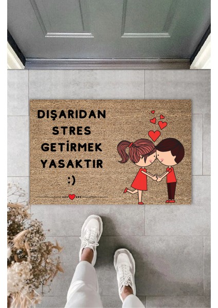 Dijital Baskı Modern Dışarıdan Stres Getirmek Yasaktır Sevimli Çift Temalı Kapı Önü Paspası