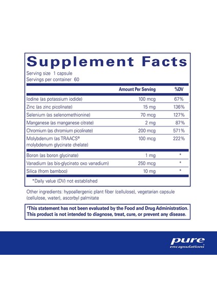 Pure Encapsulations Trace Minerals Hypoallergenic 60 Kapsül Zinc Selenium Chromium Manganese Molybdenum Iodine Boron Vanadium