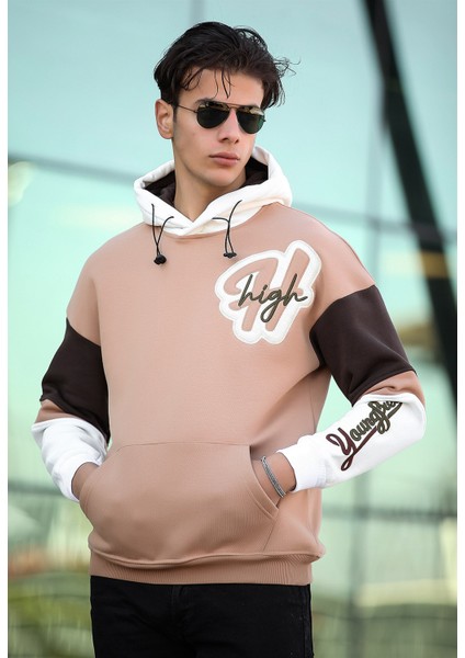 High Nakışlı Oversize Sweatshirt - Kamel