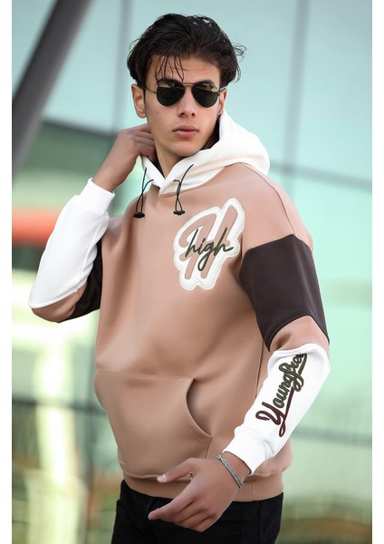High Nakışlı Oversize Sweatshirt - Kamel