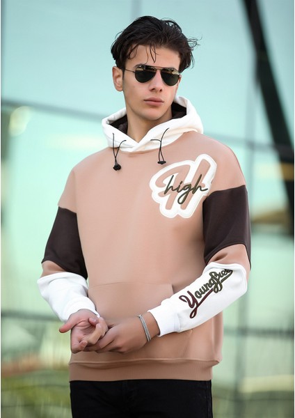High Nakışlı Oversize Sweatshirt - Kamel