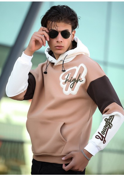 High Nakışlı Oversize Sweatshirt - Kamel