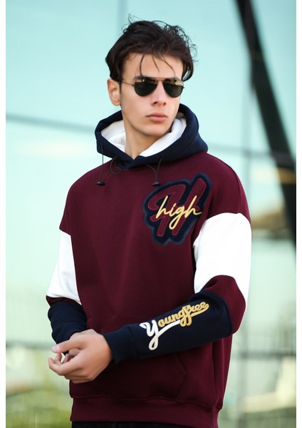 High Nakışlı Oversize Sweatshirt - Bordo
