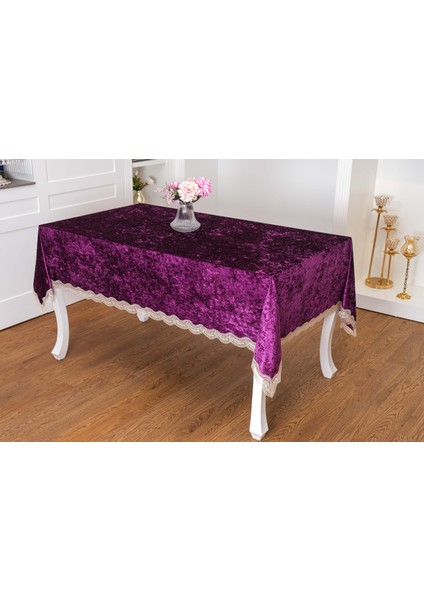 Pera Lüx Dantelli Kadife Kumaş Mor Masa Örtüsü 160X220 cm - 1420