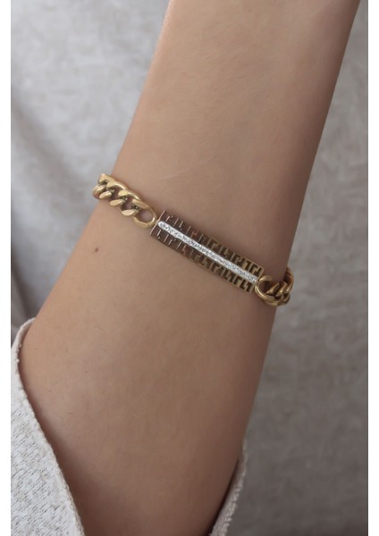 Çelik Gold Renk Zincir Model Zirkon Taşlı Kadın Bileklik