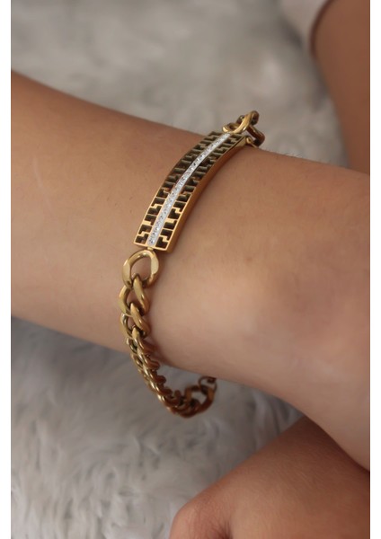 Çelik Gold Renk Zincir Model Zirkon Taşlı Kadın Bileklik fiyatları