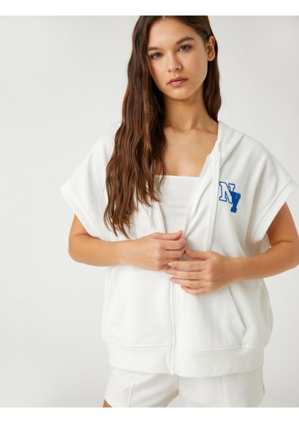 Oxford Baskılı Sweatshirt Kapüşonlu Fermuar Detaylı Kolsuz