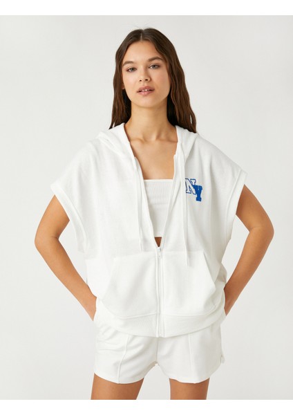 Oxford Baskılı Sweatshirt Kapüşonlu Fermuar Detaylı Kolsuz modelleri