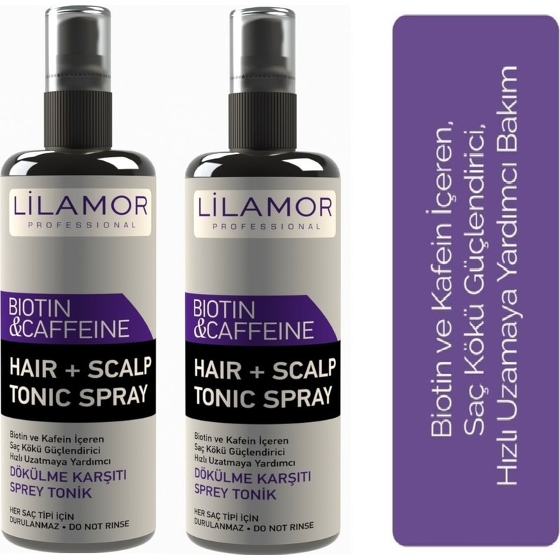 Lilamor Biotinkafein Saç Bakım Toniği 2li Set - Hızlı Uzamaya Yardımcı-250 ml+2 Durulama Gerektirmeyen Tüm Saç Tipleri İçin Bitkisel Güçlendirici