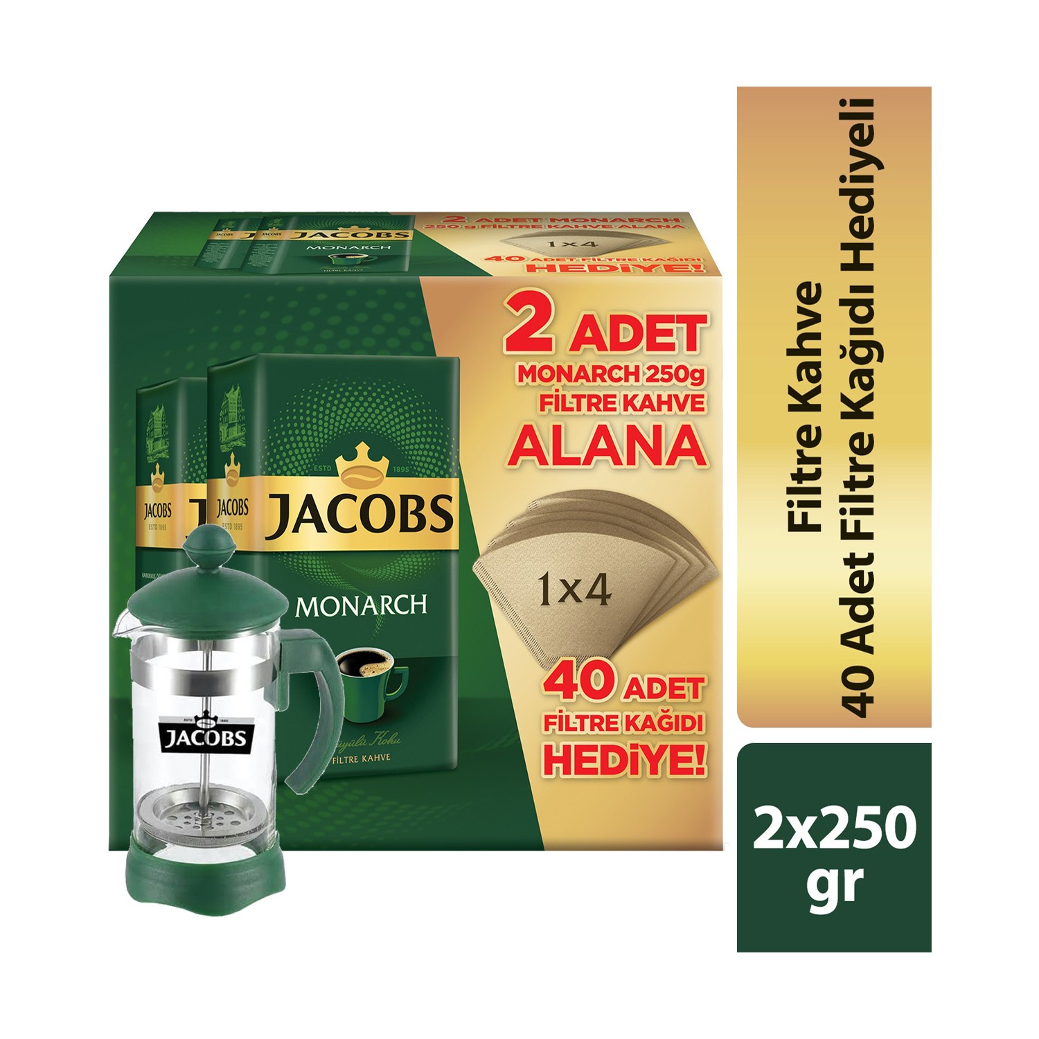 Jacobs Monarch 2 × 250 gr Filtre Kahve Seti French Press Fiyatı