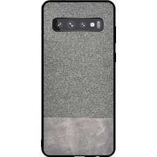 Microcase Samsung Galaxy S10 Fabrik Serisi Kumaş ve Deri Desen Kılıf - Gri