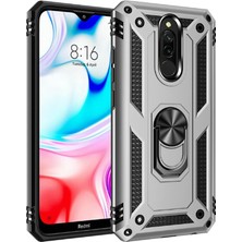 Case 4U Xiaomi Redmi 8 Kılıf Çift Katmanlı Yüzüklü Manyetik Vega Kapak Gümüş