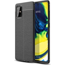 Case 4U Samsung Galaxy A71 Uyumlu Kılıf Rugan Armor Deri Görünümlü Yüksek Kalite Silikon Niss + Cam Ekran Koruyucu Siyah