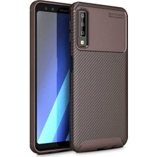 Tekno Grup Samsung Galaxy A7 2018 Kılıf Karbon Desenli Lux Negro Silikon + Tam Kaplayan Cam Ekran Koruyucu Kahverengi