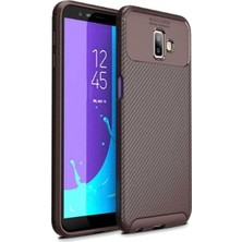 Tekno Grup Samsung Galaxy J6 Plus Kılıf Karbon Desenli Lux Negro Silikon + Tam Kaplayan Cam Ekran Koruyucu Kahverengi