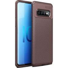 Tekno Grup Samsung Galaxy S10 Kılıf Karbon Desenli Lux Negro Silikon + Tam Kaplayan 6D Nano Ekran Koruyucu Kahverengi