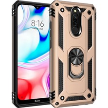 Tekno Grup Xiaomi Redmi 8 Kılıf Çift Katmanlı Yüzüklü Manyetik Vega Kapak - Gold + Tam Kaplayan 5D Cam Ekran Koruyucu