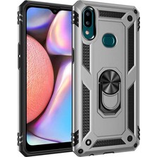 Tekno Grup Samsung Galaxy A10s Kılıf Çift Katmanlı Yüzüklü Manyetik Vega Kapak - Gümüş + Tam Kaplayan 5D Cam Ekran Koruyucu