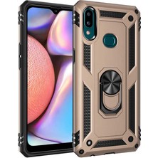 Tekno Grup Samsung Galaxy A10s Kılıf Çift Katmanlı Yüzüklü Manyetik Vega Kapak - Gold + Tam Kaplayan 6D Nano Ekran Koruyucu