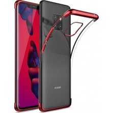 Tekno Grup Huawei Mate 20 Pro Kılıf Dört Köşe Renkli Şeffaf Lazer Silikon - Kırmızı + Tam Kaplayan 3D Cam Ekran Koruyucu