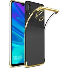 Tekno Grup Samsung Galaxy M30 Kılıf Dört Köşe Renkli Şeffaf Lazer Silikon - Gold + Cam Ekran Koruyucu