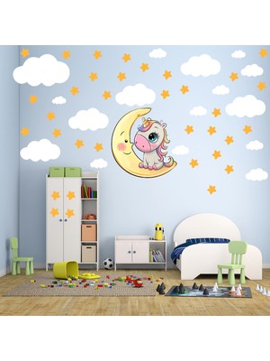 Kt Decoration Sevimli Unicornlar Yıldızlar ve Bulutlar Çocuk Odası Sticker