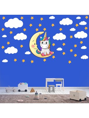 Kt Decoration Sevimli Unicornlar Yıldızlar ve Bulutlar Çocuk Odası Sticker