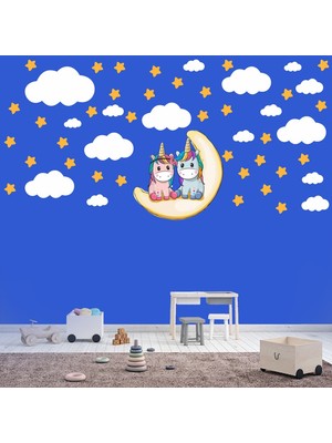 Kt Decoration Sevimli İkiz Unicornlar Yıldızlar ve Bulutlar Çocuk Odası Sticker