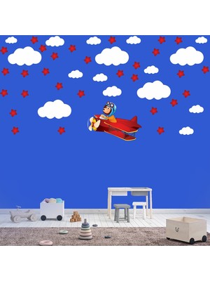 Kt Decoration Sevimli Aslan Pilot ve Yıldız Bulutlar Çocuk Odası Duvar Sticker
