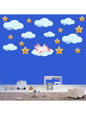 Kt Decoration Uyuyan Unicorn Yıldız Bulut Set Bebek Çocuk Odası Duvar Sticker