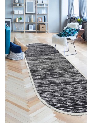 Diji Dekor Kaymaz Taban Dijital Oval Halı Salon Banyo Oda Koridor Mutfak Halısı Gri Siyah 60 x 200 cm